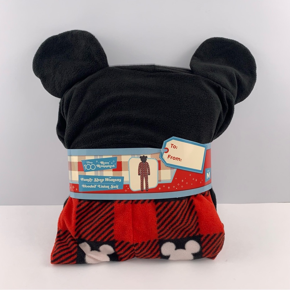 Women’s Medium Disney 100 Mickey Mouse Union Suit With Ears Fleece Pajamas Red